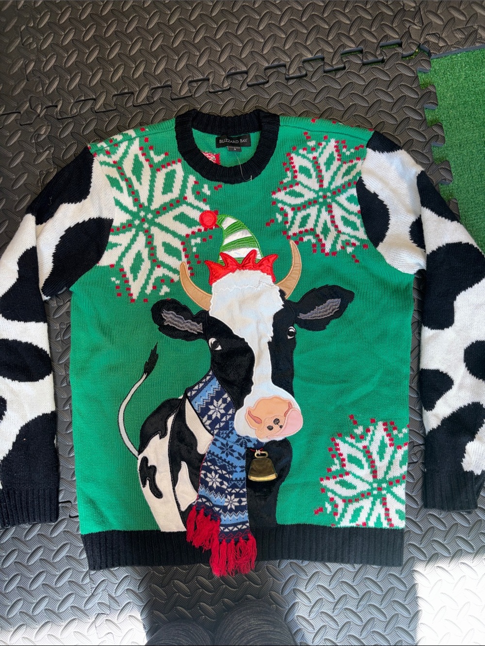 Blizzard Bay Ugly Christmas Sweater Green Holiday Cow with Bell